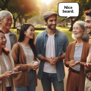 Group of happy people chatting outdoors with compliment.