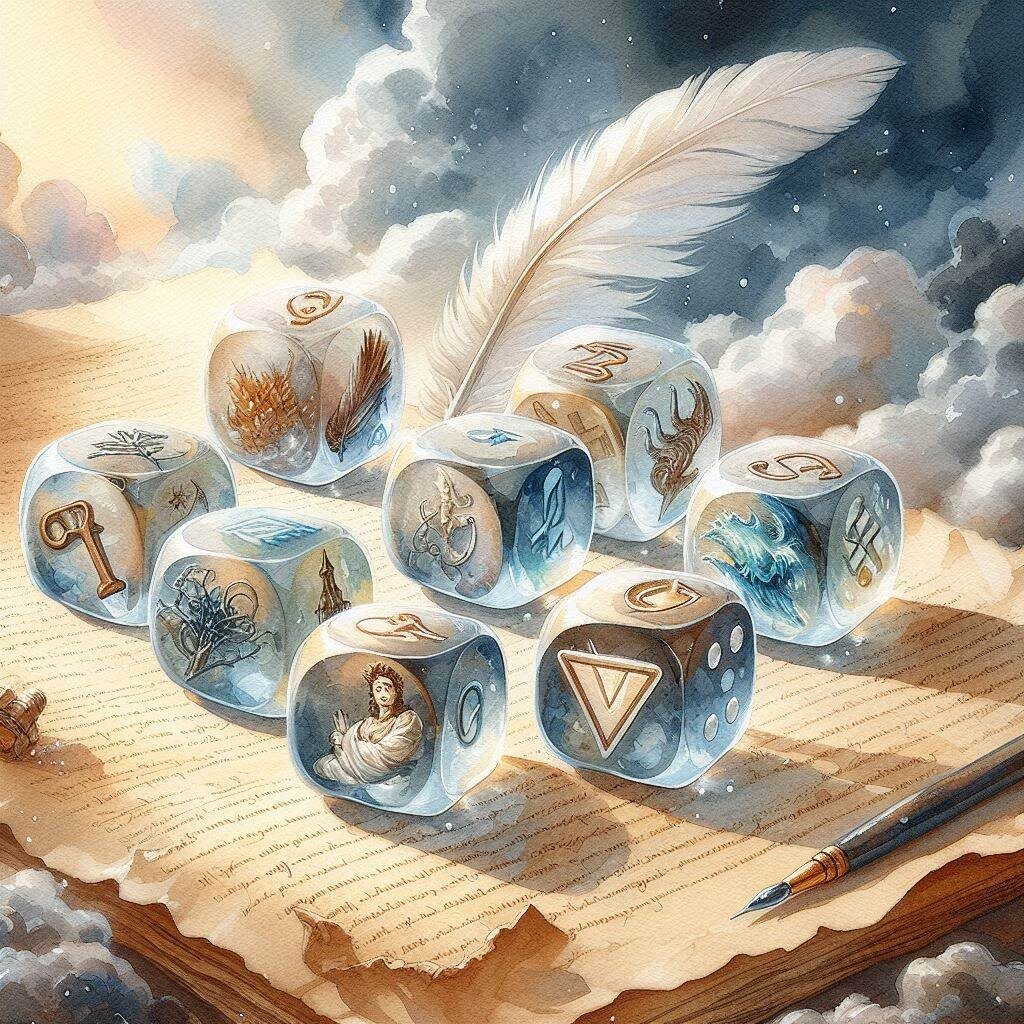 Fantasy dice with symbols on open book with quill.