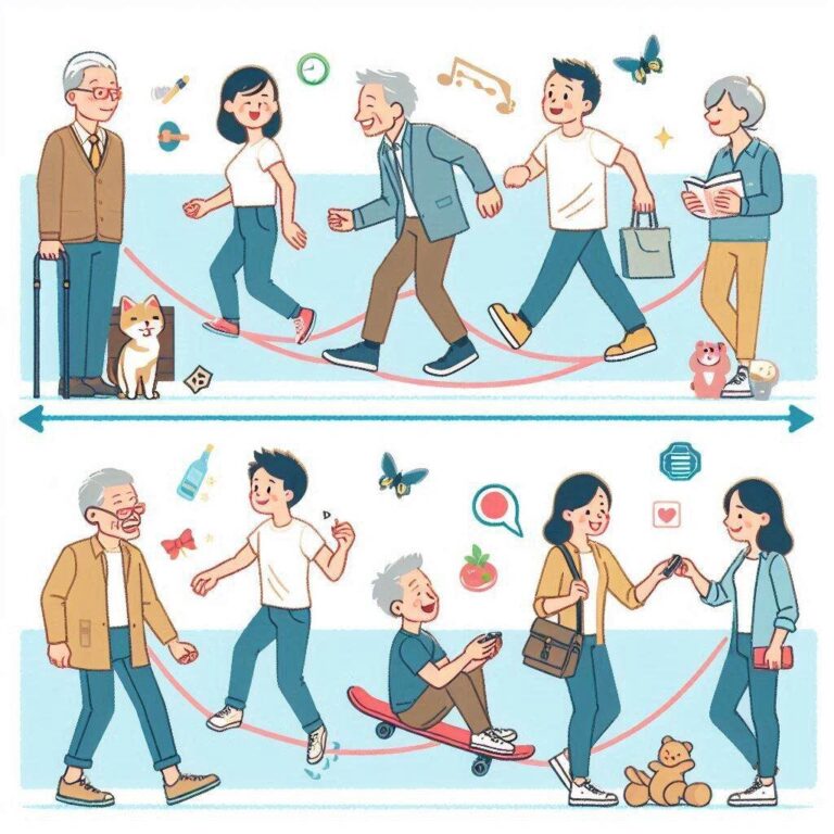 Playful illustration of people in different life stages