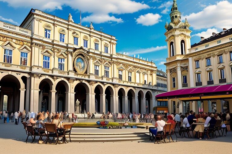 Outdoor cafe with patrons in front of a historic building