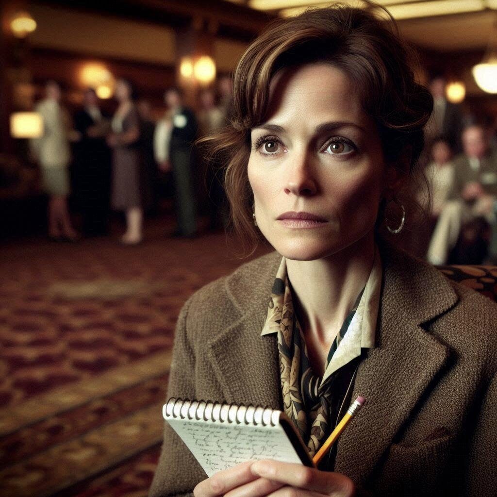 Woman with notepad in a retro-styled room.