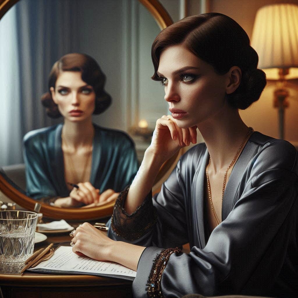 Elegant woman with reflective gaze beside mirror