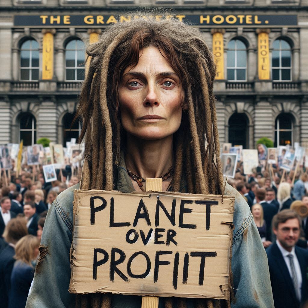 Protester with 'PLANET OVER PROFIT' sign