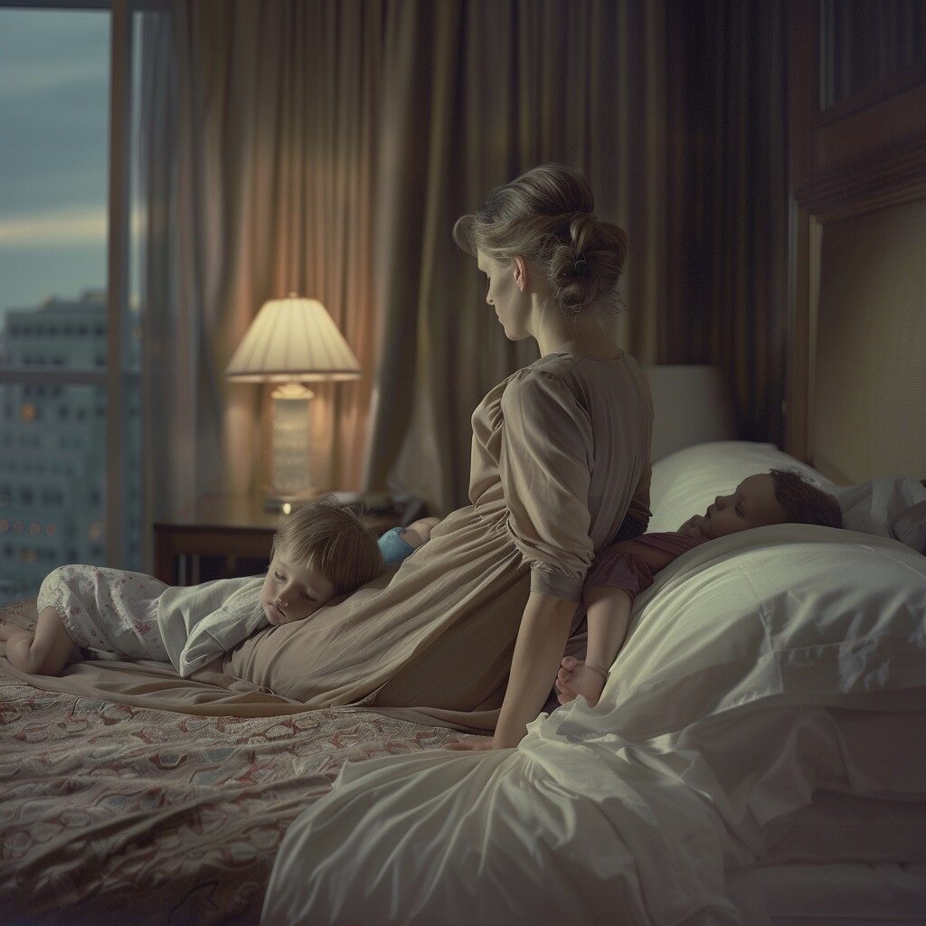 Woman sitting with sleeping children in a hotel room.