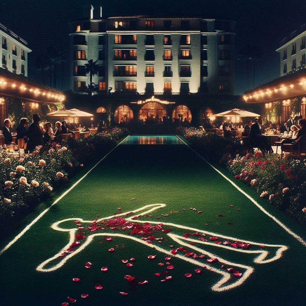 Luxurious hotel garden party with a murder-themed floral display