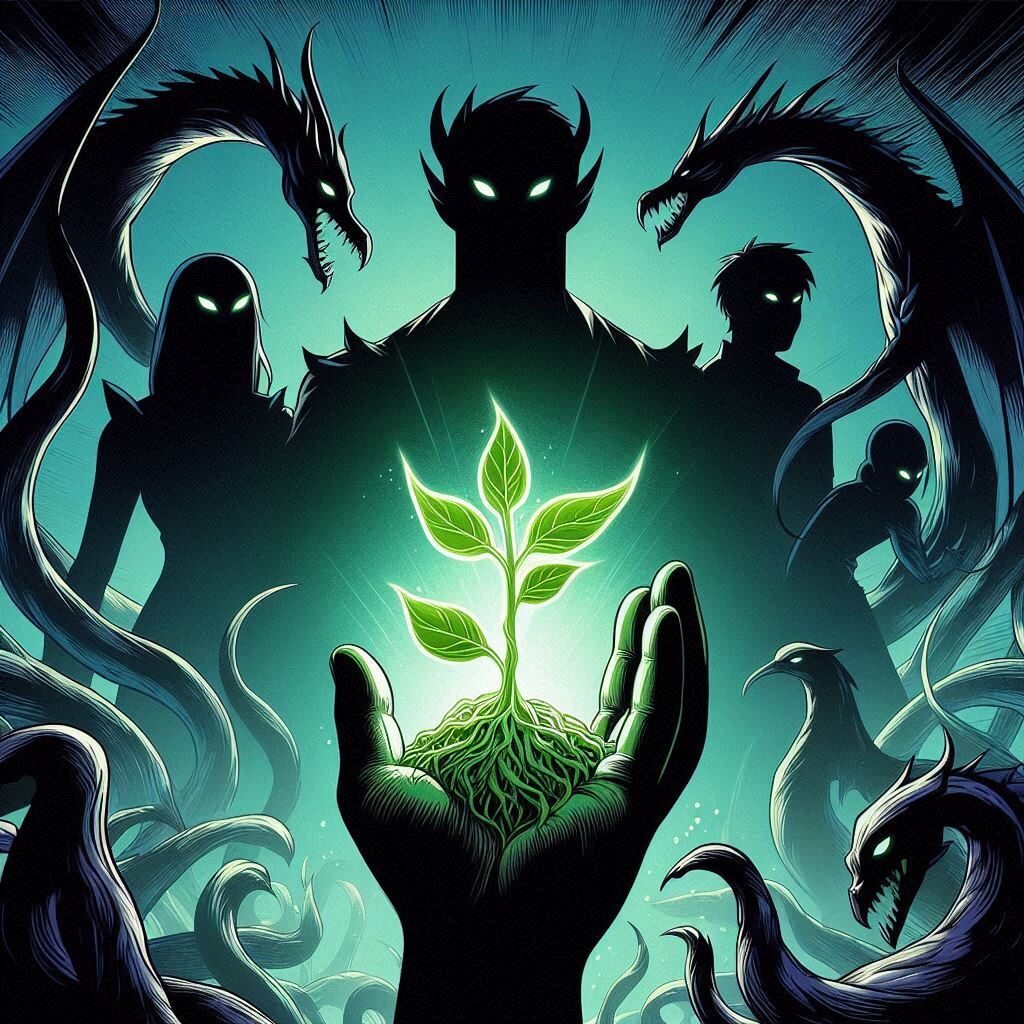 Glowing plant surrounded by mysterious creatures