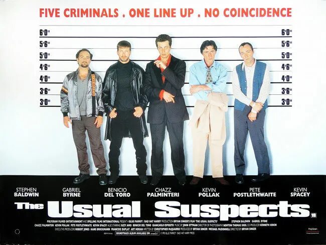 Poster of 'The Usual Suspects' with lineup of five men.