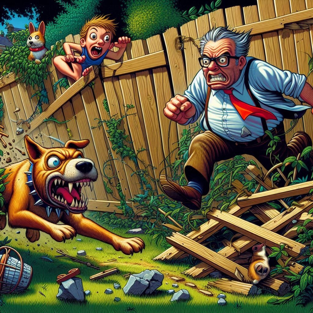 Cartoon of boy, man, and dog causing a ruckus.