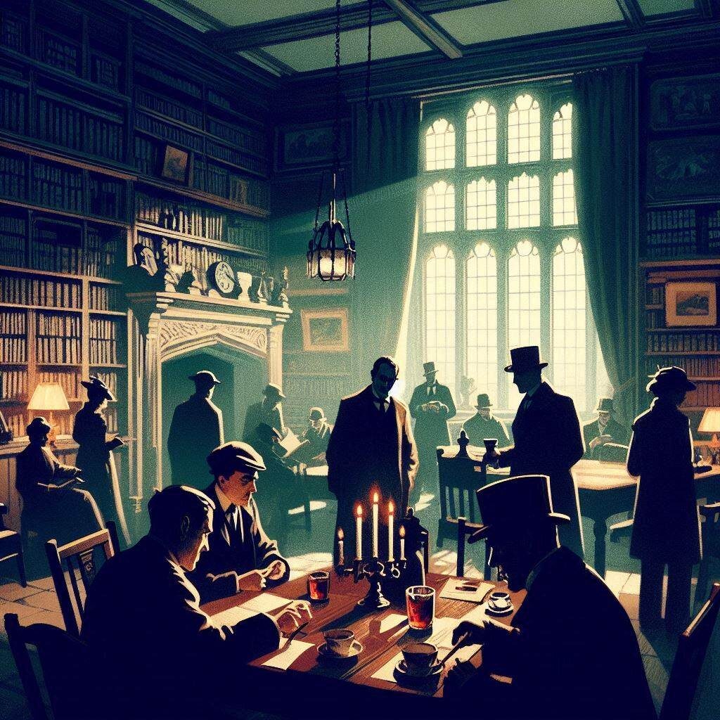 Vintage scene of men in a library