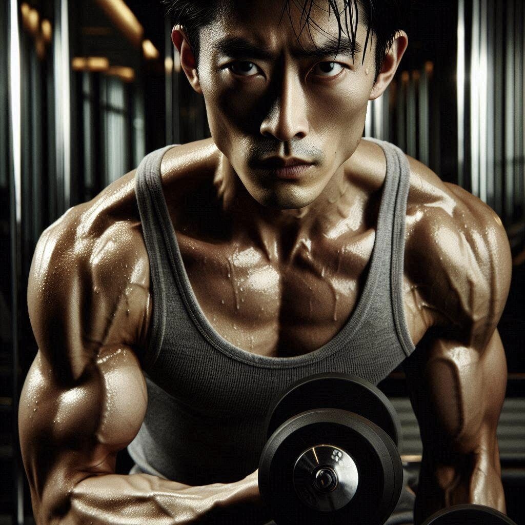 Muscular man lifting a dumbbell in the gym