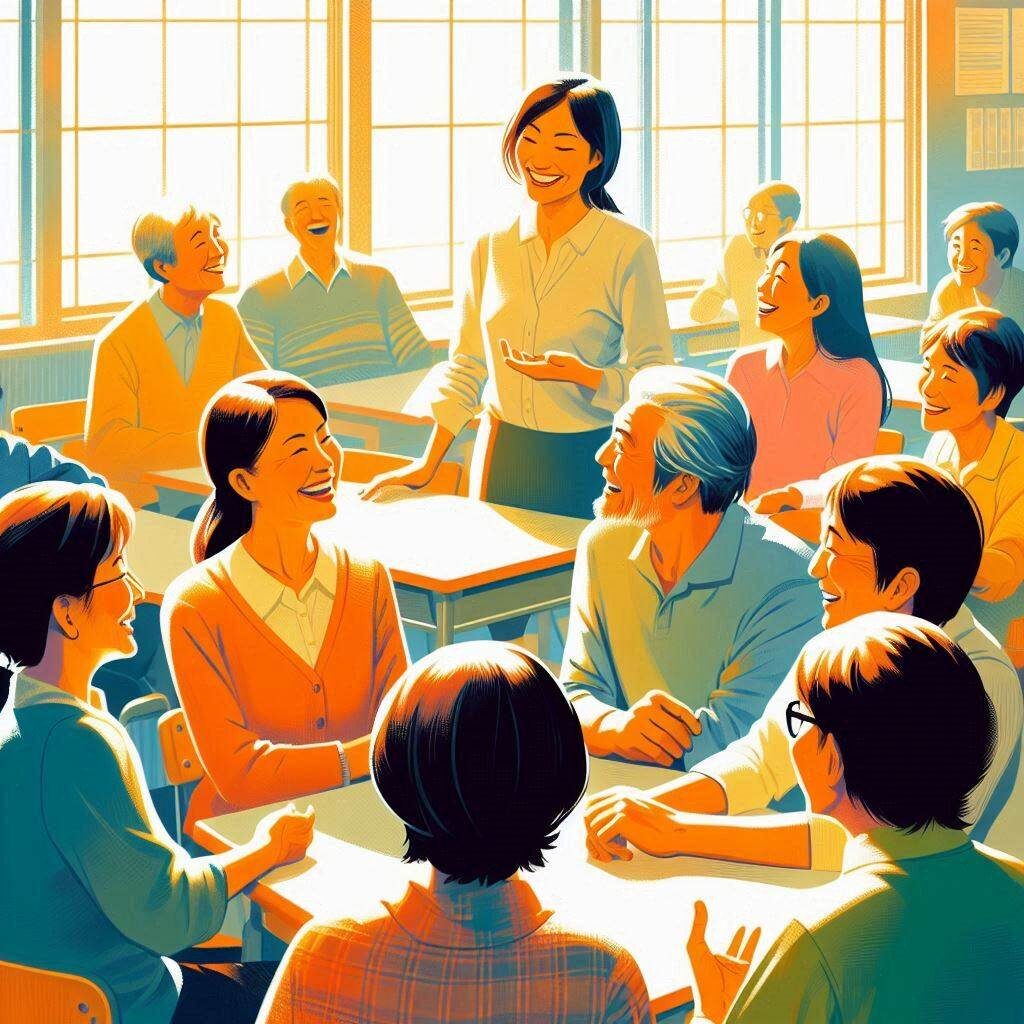 Animated adults laughing in a sunny classroom.