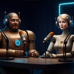 Futuristic robots hosting a podcast.