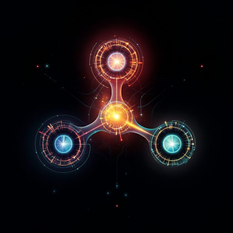 Futuristic glowing tripartite network illustration.