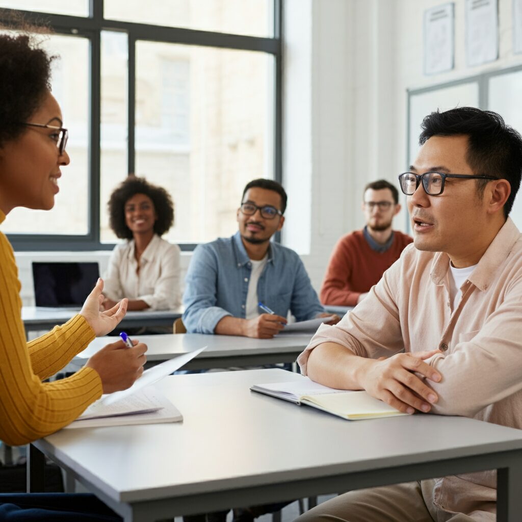 Diverse adult students in a classroom discussion.