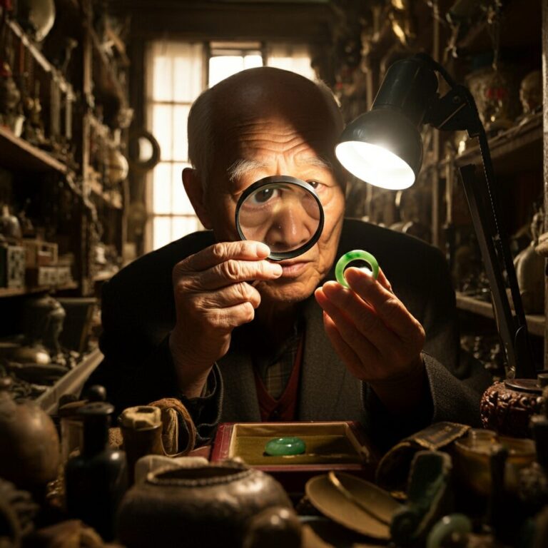 Elderly man inspecting gemstone with magnifying glass.