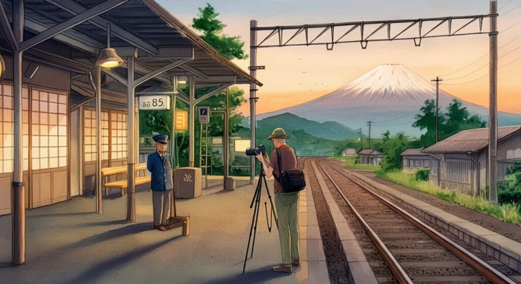 Animated train station scene with Mount Fuji