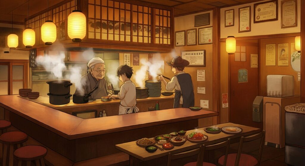 Animated cozy Japanese restaurant scene