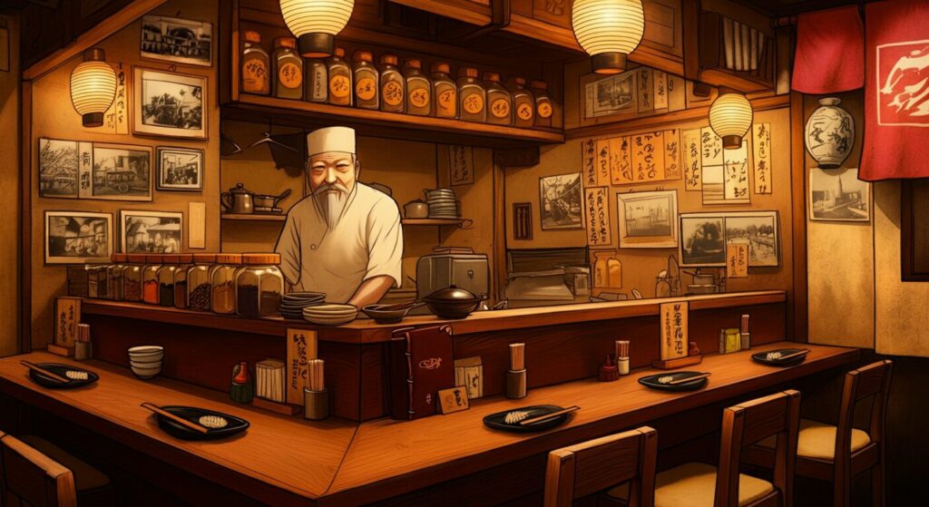 Illustration of a chef in a traditional Japanese restaurant.