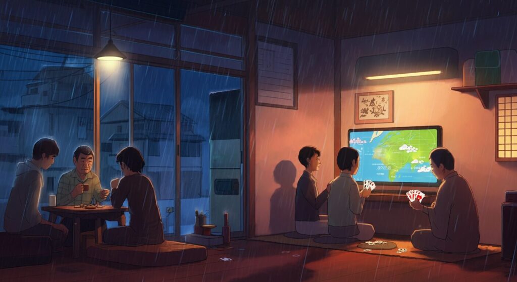 Illustration of friends enjoying games indoors on a rainy night