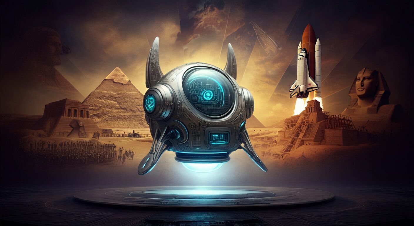 Futuristic helmet with Egyptian pyramids and space shuttle