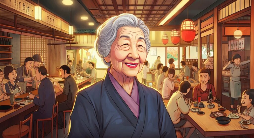 Animated elderly woman smiling in a lively restaurant