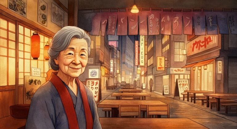 Warm-toned illustration of a smiling elderly woman in a Japanese alley.